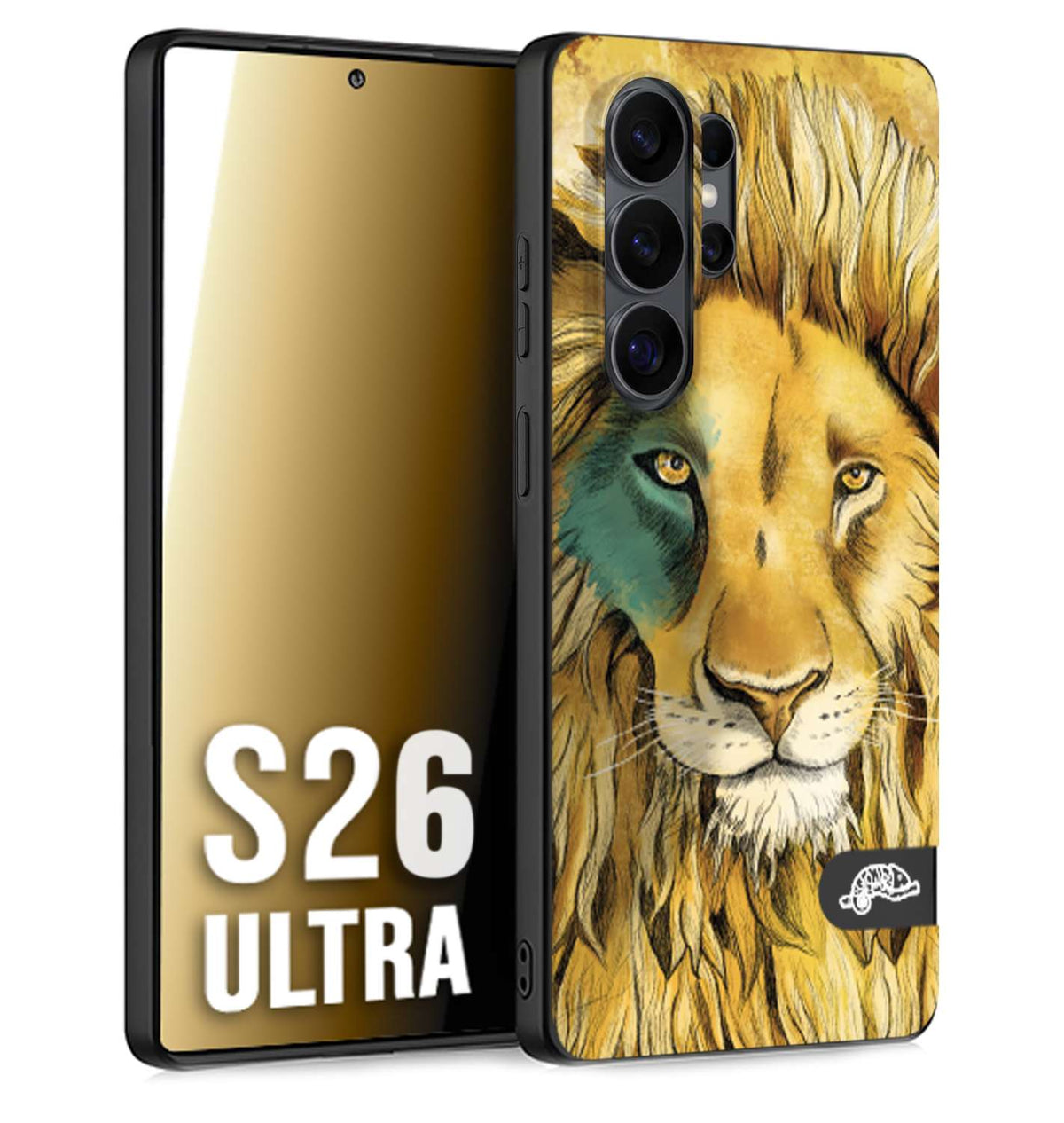 CUSTOMIZZA - Custodia cover nera morbida in tpu compatibile per Samsung S26 ULTRA leone lion disegnato a mano giallo blu a rilievo artistico brown