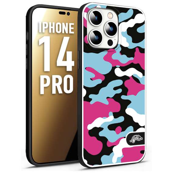 CUSTOMIZZA - Custodia cover nera morbida in tpu compatibile per iPhone 14 PRO camouflage mimetico militare fucsia celeste