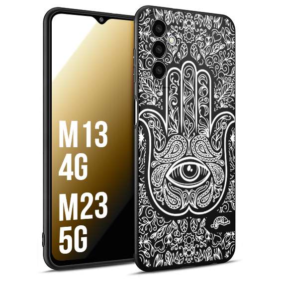 CUSTOMIZZA - Custodia cover nera morbida in tpu compatibile per Samsung M13 4G - M23 5G mano di fatima effetto rilievo mandala donna