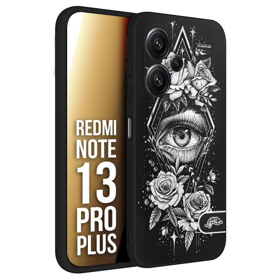 CUSTOMIZZA - Custodia cover nera morbida in tpu compatibile per Xiaomi Redmi Note 13 PRO PLUS occhio fiori rombo geometrico black and white bianco a rilievo disegnato tattoo tatuaggio