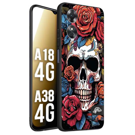 CUSTOMIZZA - Custodia cover nera morbida in tpu compatibile per Oppo A18 4G - A38 4G teschio skull flowers fiori rose rosse tattoo disegnato