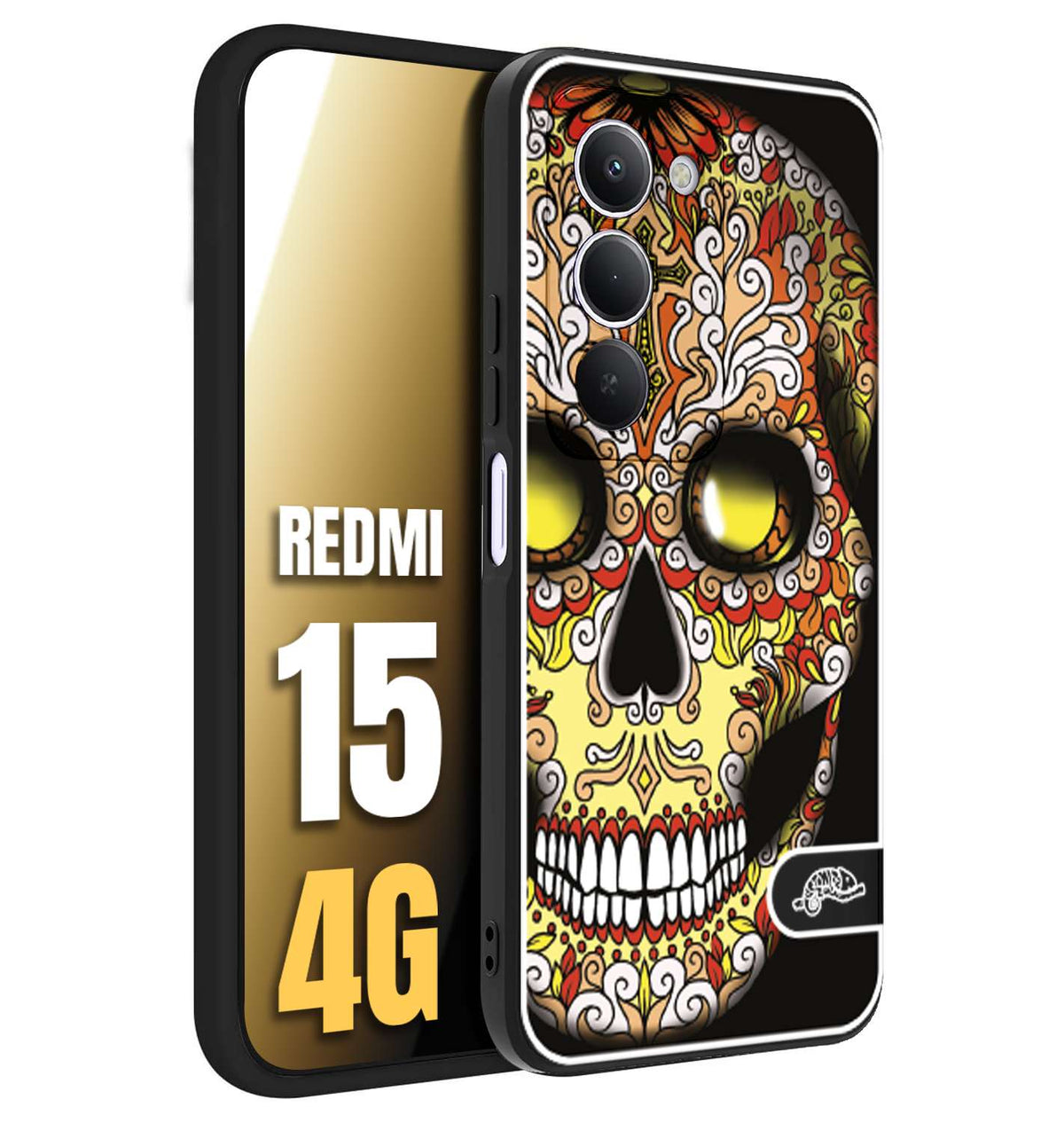 CUSTOMIZZA - Custodia cover nera morbida in tpu compatibile per Xiaomi Redmi 15 4G teschio messicano Mexican skull giallo rosso arancio