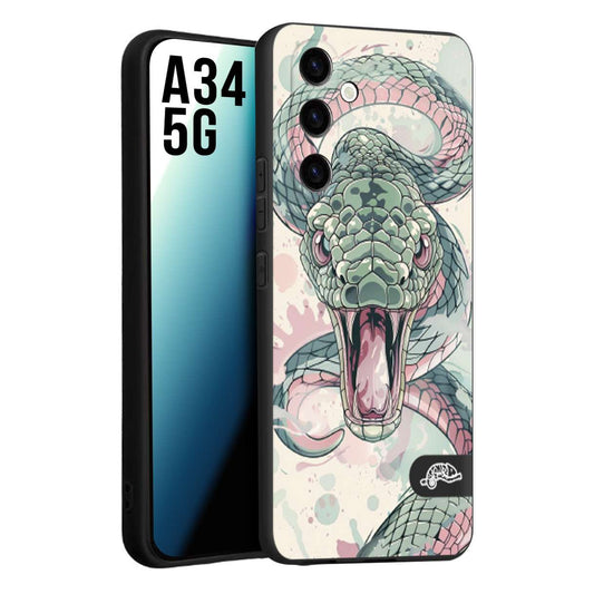 CUSTOMIZZA - Custodia cover nera morbida in tpu compatibile per Samsung A34 5G snake pink green serpente tatuaggio tattoo disegnato a mano