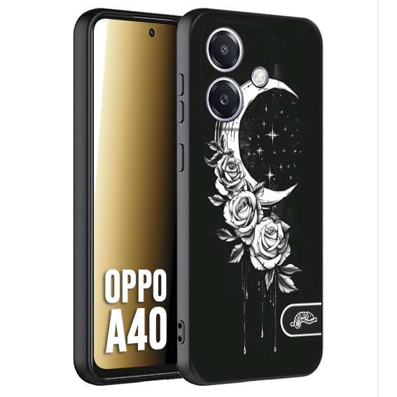 CUSTOMIZZA - Custodia cover nera morbida in tpu compatibile per Oppo A40 luna e fiori moon flowers black and white bianco a rilievo disegnato