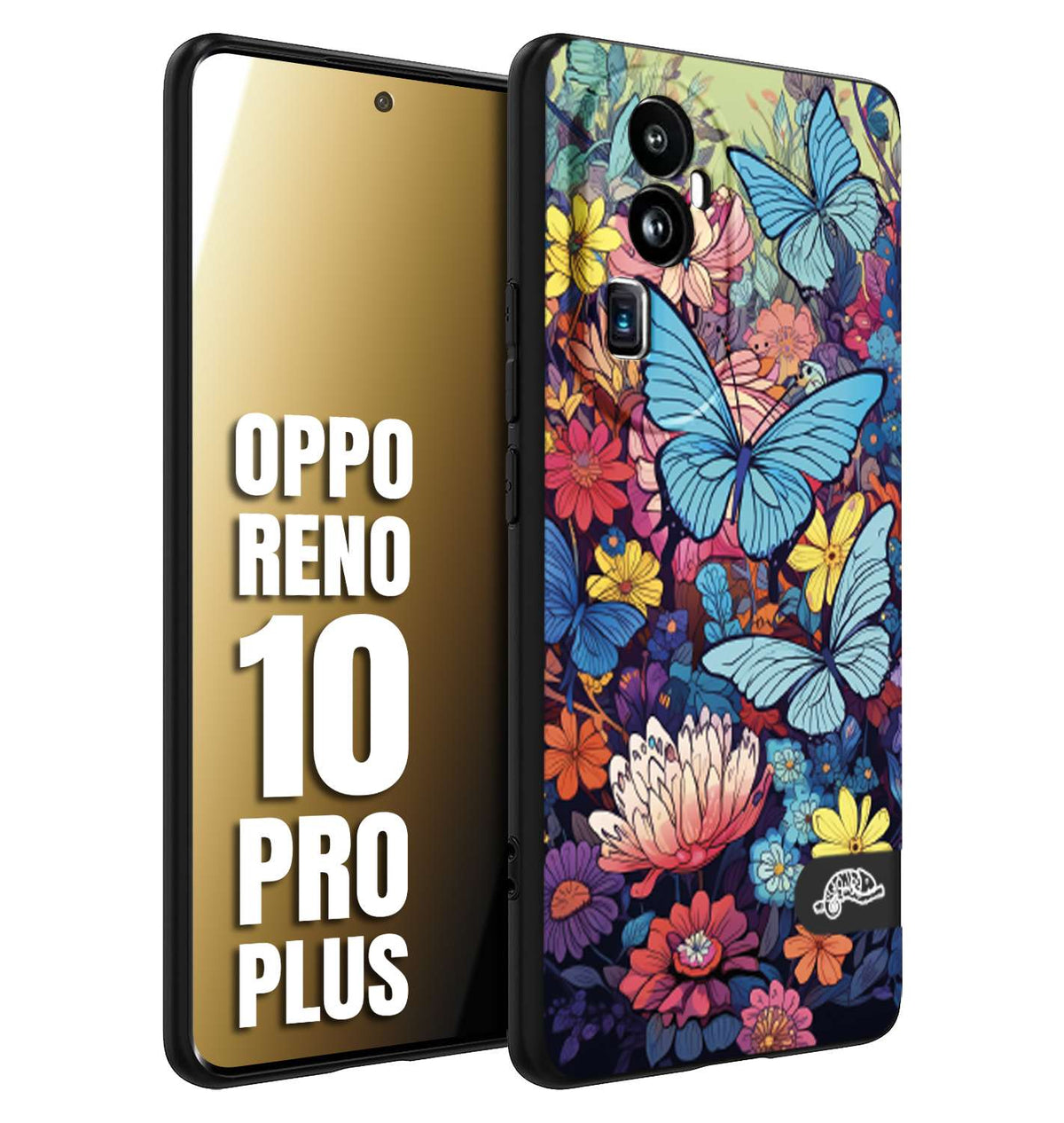 CUSTOMIZZA - Custodia cover nera morbida in tpu compatibile per Oppo Reno 10 PRO PLUS farfalle butterfly moderno donna disegnate gialla blu rosa