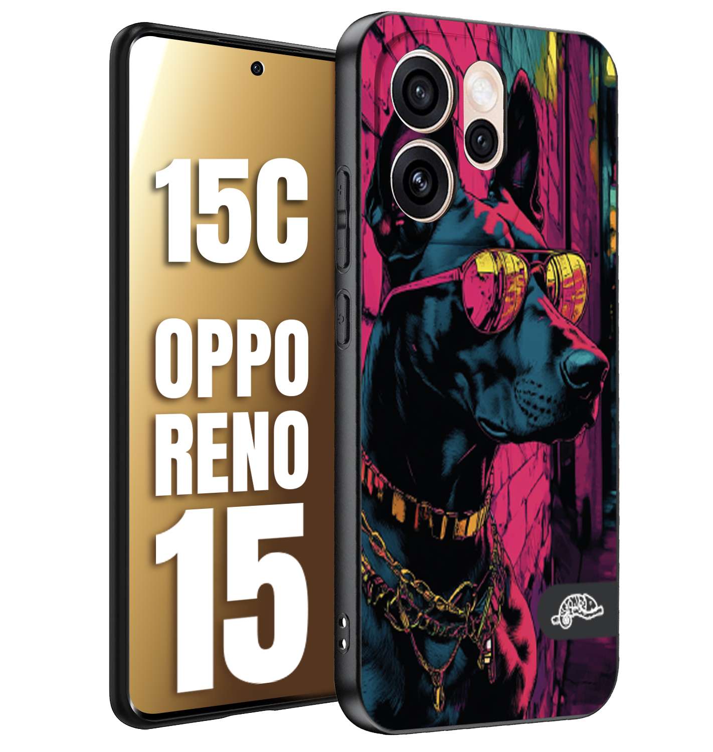 CUSTOMIZZA - Custodia cover nera morbida in tpu compatibile per Oppo Reno 15 - Reno 15Canimali cyberpunk dobermann cane street dog fucsia blu