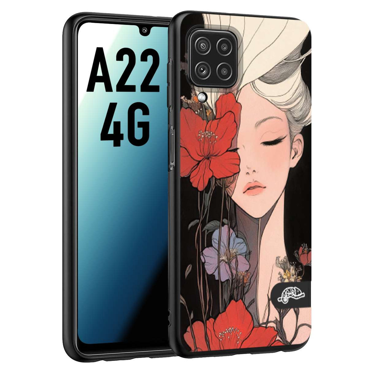 CUSTOMIZZA - Custodia cover nera morbida in tpu compatibile per Samsung A22 4G woman flower Fantasia Floreale Design Donna e Fiori, Retro Artistico