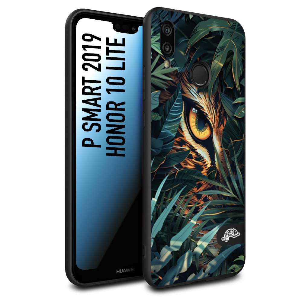 CUSTOMIZZA - Custodia cover nera morbida in tpu compatibile per Huawei P Smart 2019 animali color giungla tropicale occhio di giaguaro felino disegnato