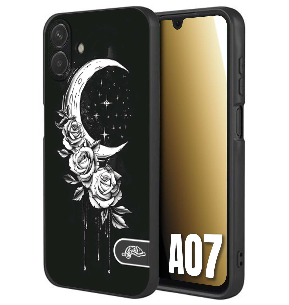 CUSTOMIZZA - Custodia cover nera morbida in tpu compatibile per Samsung A07 luna e fiori moon flowers black and white bianco a rilievo disegnato
