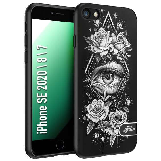 CUSTOMIZZA - Custodia cover nera morbida in tpu compatibile per iPhone 7 - 8 - SE 2020 / 2022 occhio fiori rombo geometrico black and white bianco a rilievo disegnato tattoo tatuaggio