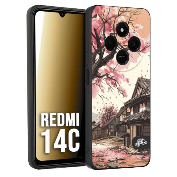 CUSTOMIZZA - Custodia cover nera morbida in tpu compatibile per Xiaomi Redmi 14C casa giapponese rosa ciliegio in fiore disegnata tattoo