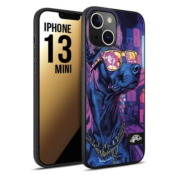 CUSTOMIZZA - Custodia cover nera morbida in tpu compatibile per iPhone 13 MINI animali cyberpunk dobermann cane street dog fucsia blu night