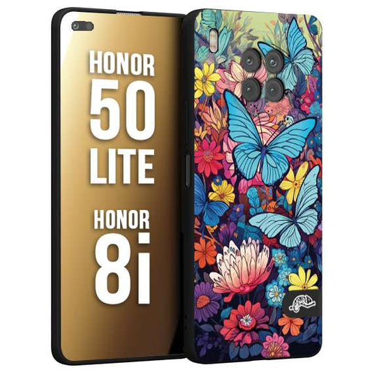 CUSTOMIZZA - Custodia cover nera morbida in tpu compatibile per Honor 8i - Honor 50 LITE farfalle butterfly moderno donna disegnate gialla blu rosa