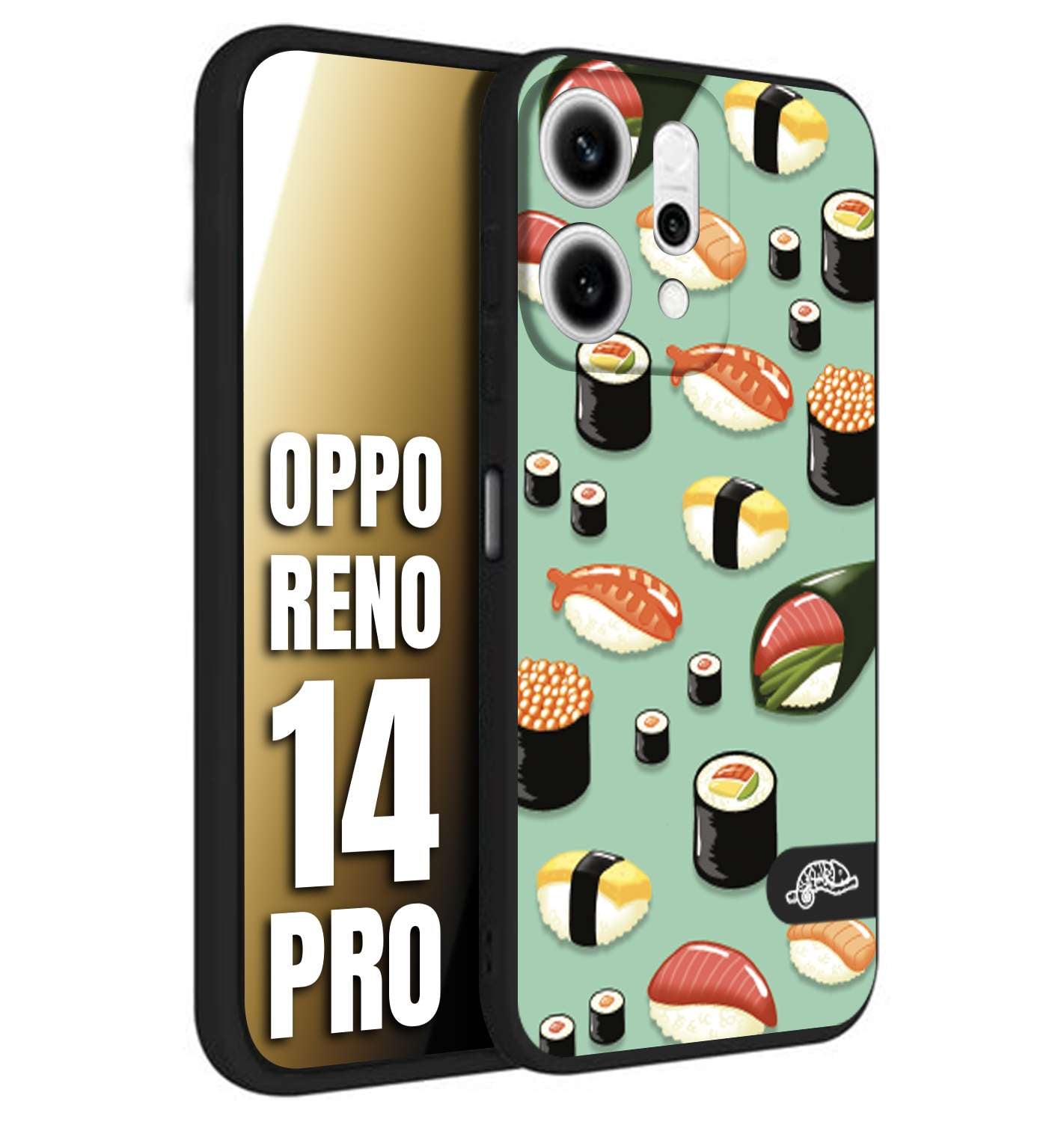 CUSTOMIZZA - Custodia cover nera morbida in tpu compatibile per Oppo Reno 14 PRO sushi disegni giapponese nighiri acquamarina verde