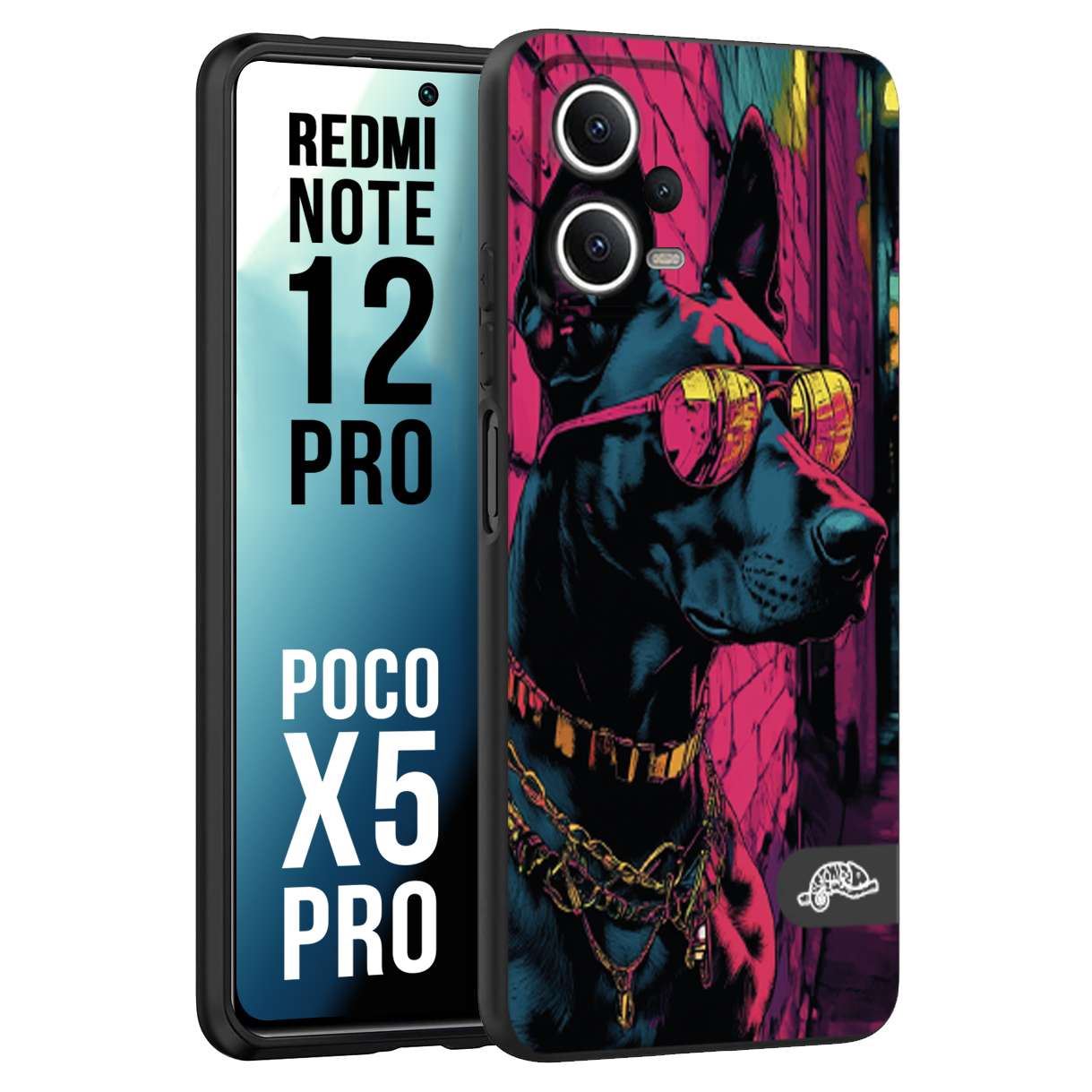 CUSTOMIZZA - Custodia cover nera morbida in tpu compatibile per Xiaomi Redmi Note 12 PRO - POCO X5 PRO animali cyberpunk dobermann cane street dog fucsia blu