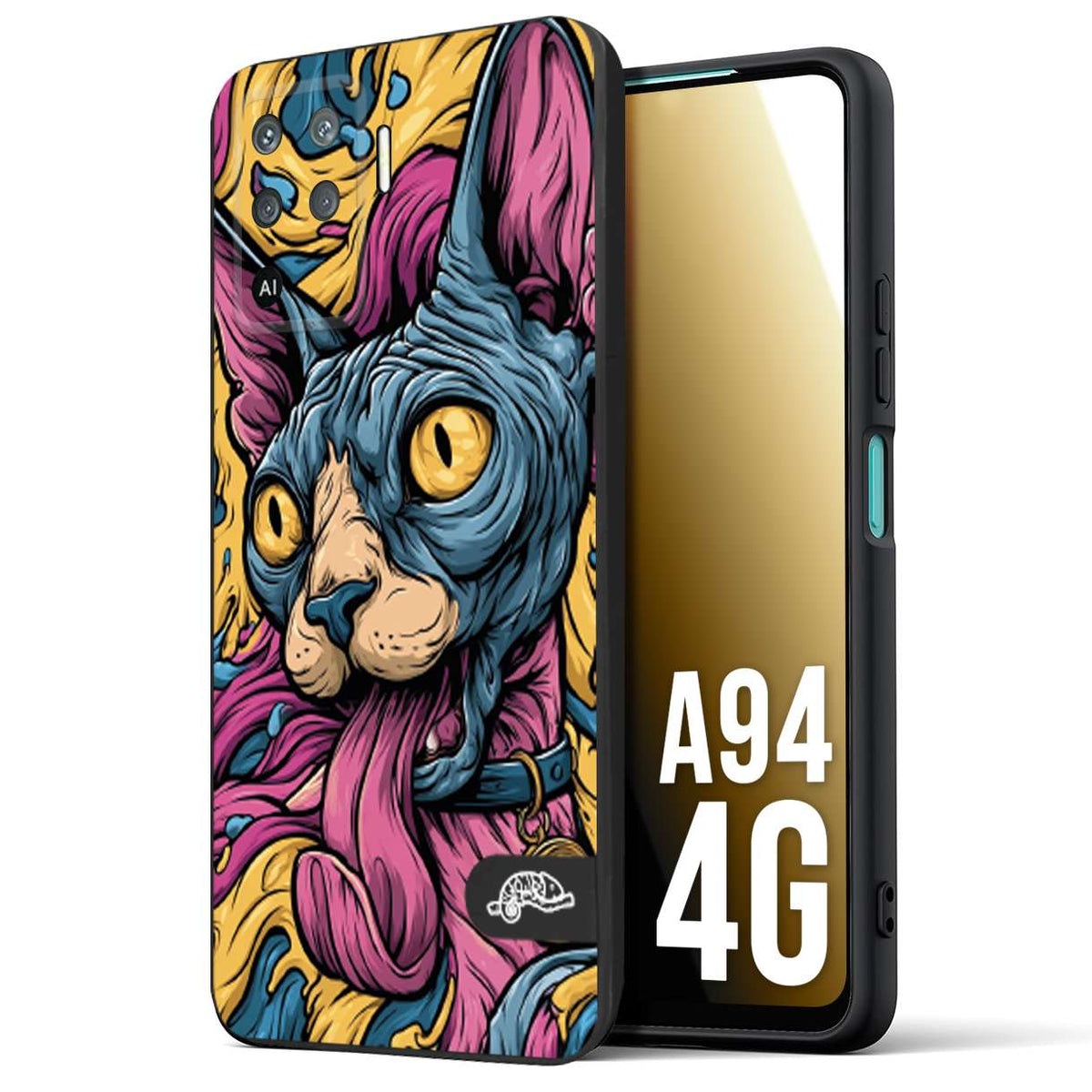 CUSTOMIZZA - Custodia cover nera morbida in tpu compatibile per Oppo A94 4G Sphynx Colorato Pop Art Psichedelico Gatto Blu Rosa Giallo Artistica Fantasy