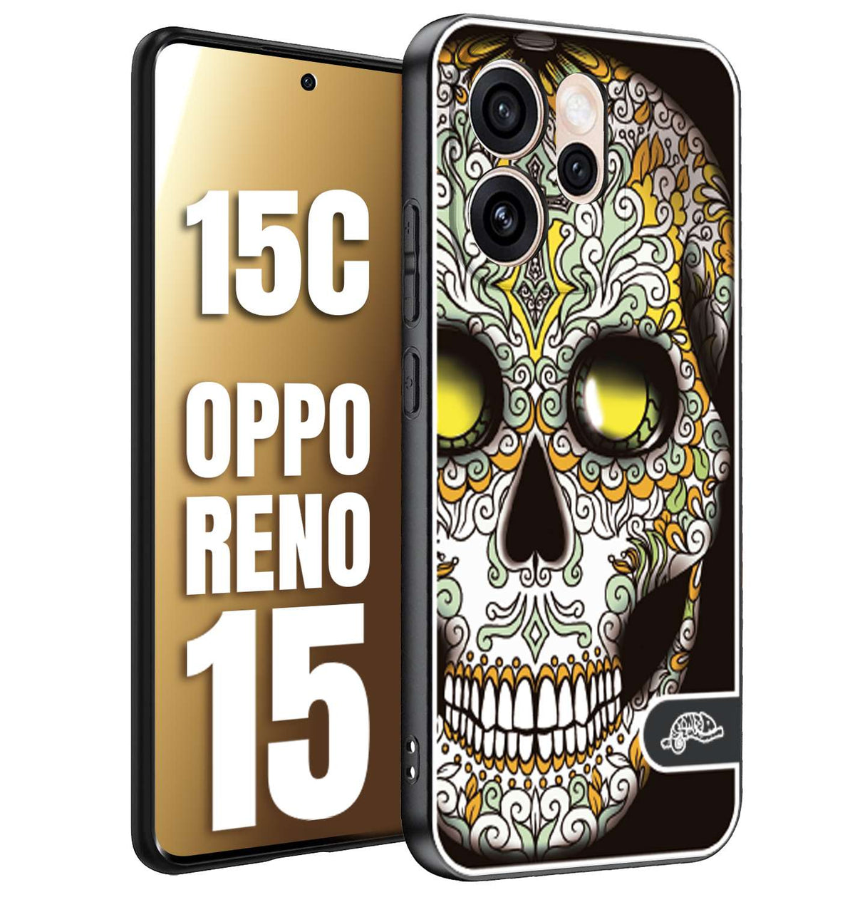 CUSTOMIZZA - Custodia cover nera morbida in tpu compatibile per Oppo Reno 15 - Reno 15Cteschio messicano Mexican skull bianco verde giallo