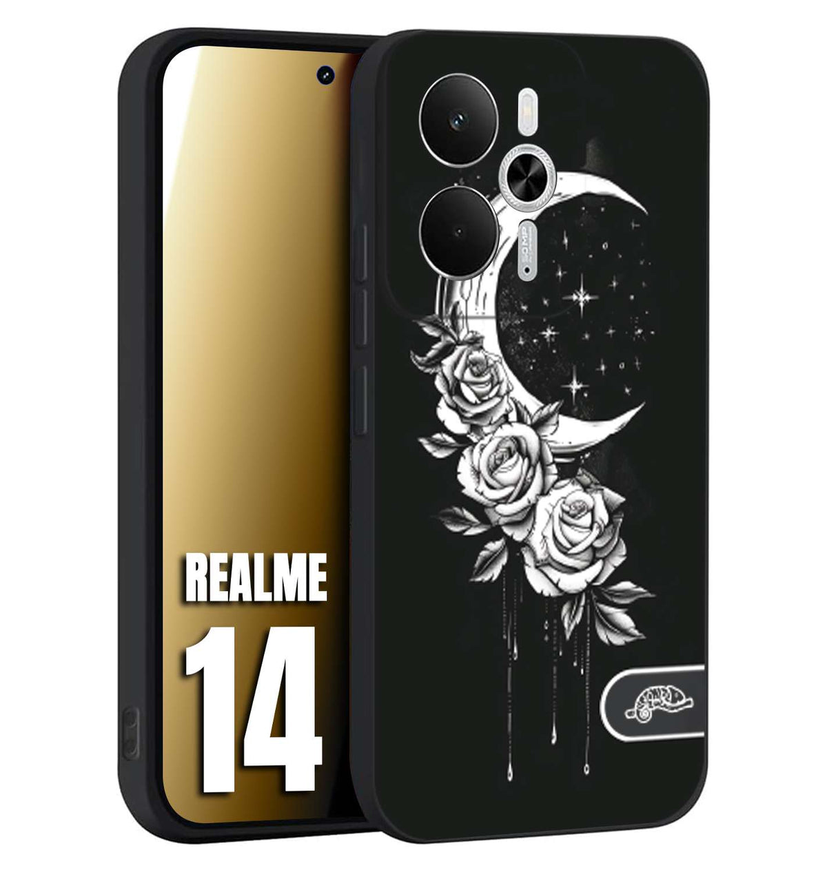CUSTOMIZZA - Custodia cover nera morbida in tpu compatibile per Realme 14 5G luna e fiori moon flowers black and white bianco a rilievo disegnato