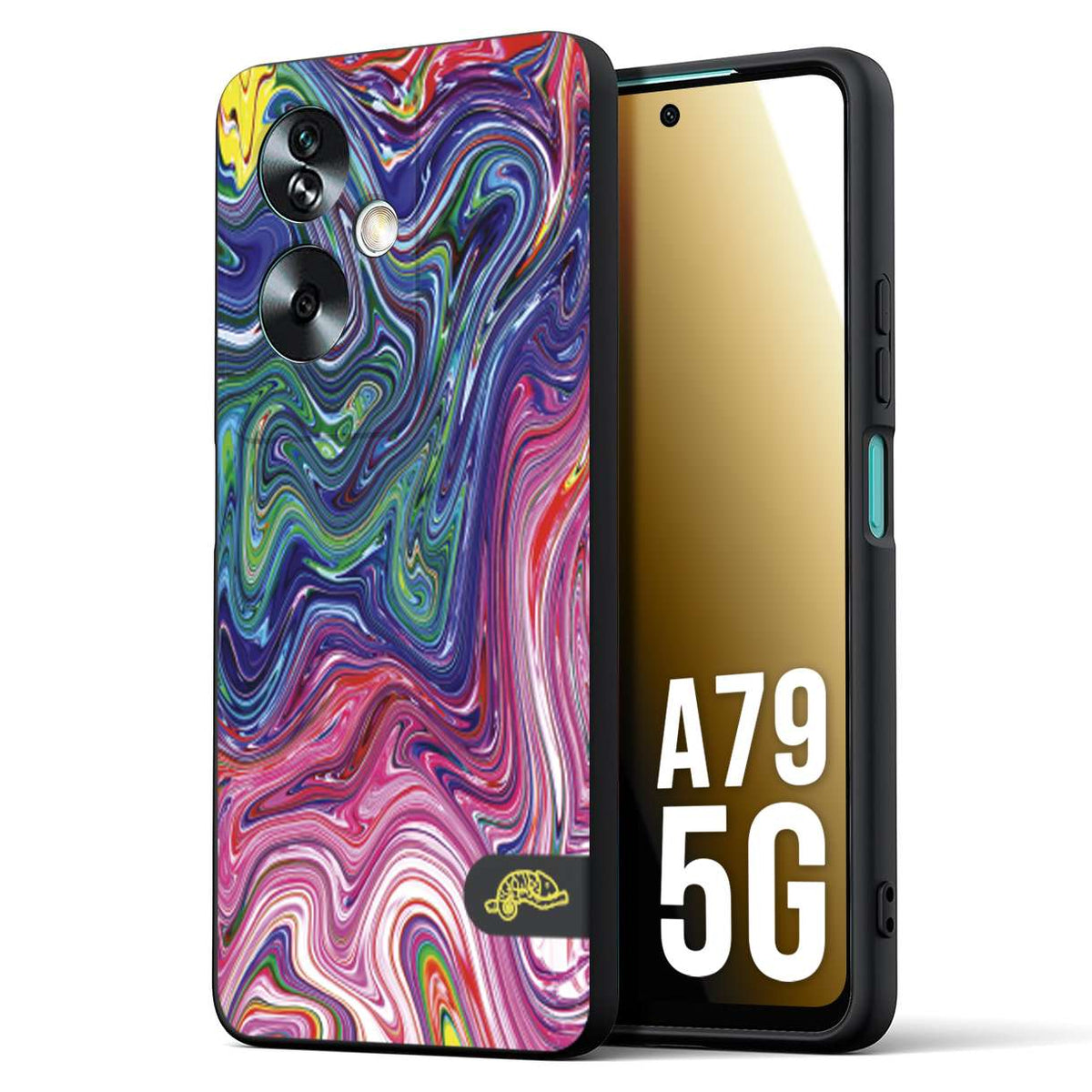 CUSTOMIZZA - Custodia cover nera morbida in tpu compatibile per Oppo A79 5G colorata fantasia vortice marmo arcobaleno rosa blu fucsia