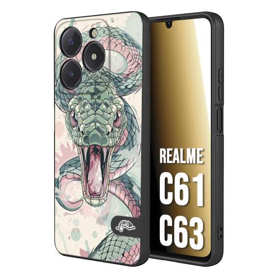 CUSTOMIZZA - Custodia cover nera morbida in tpu compatibile per Oppo C61 - C63 snake pink green serpente tatuaggio tattoo disegnato a mano