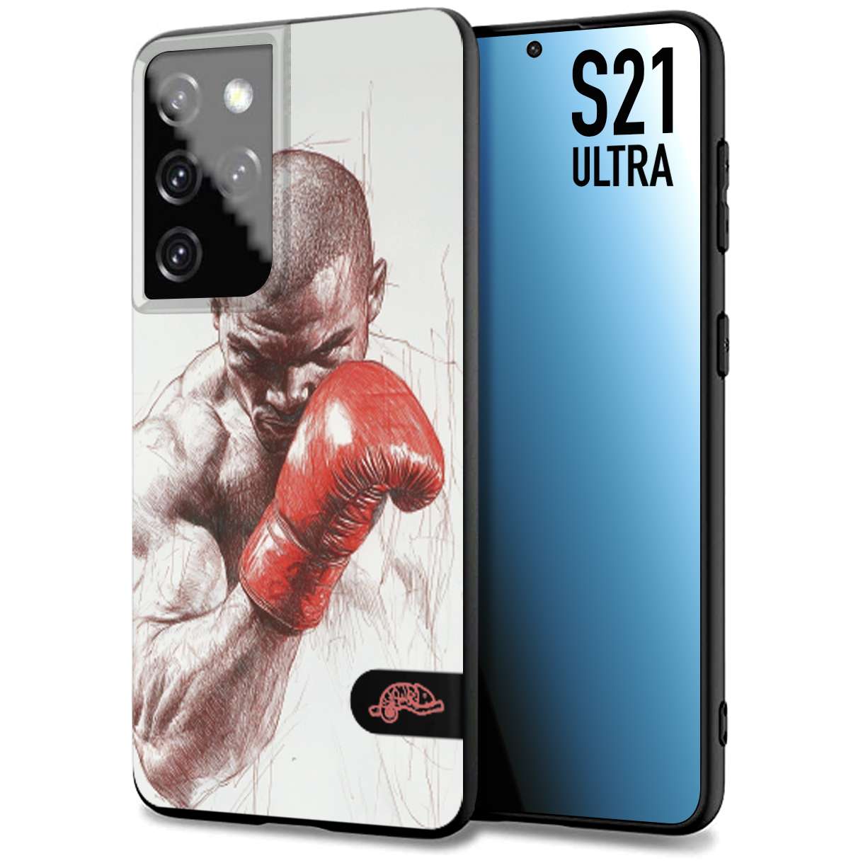 CUSTOMIZZA - Custodia cover nera morbida in tpu compatibile per Samsung S21 ULTRA pugilato pugili disegno tattoo guantoni box sport primo piano