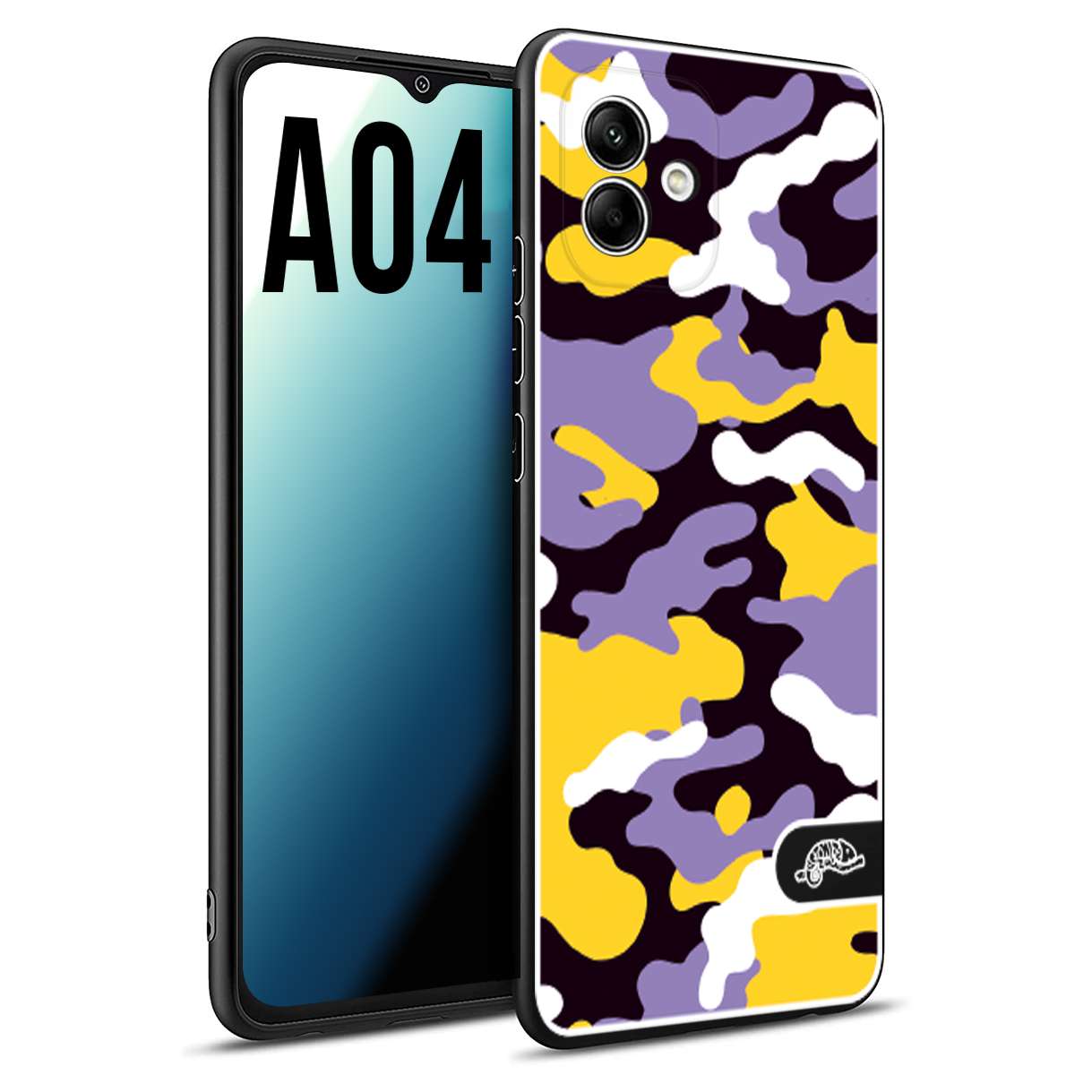 CUSTOMIZZA - Custodia cover nera morbida in tpu compatibile per Samsung A04 camouflage mimetico militare viola lilla giallo