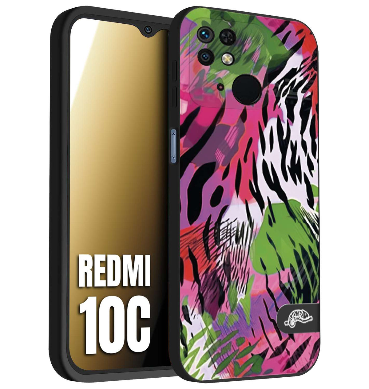 CUSTOMIZZA - Custodia cover nera morbida in tpu compatibile per Xiaomi Redmi 10C leopardato tigrato tiger colorata summer color verde fucsia
