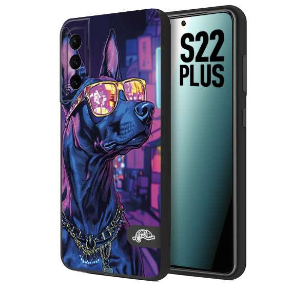 CUSTOMIZZA - Custodia cover nera morbida in tpu compatibile per Samsung S22 PLUS animali cyberpunk dobermann cane street dog fucsia blu night