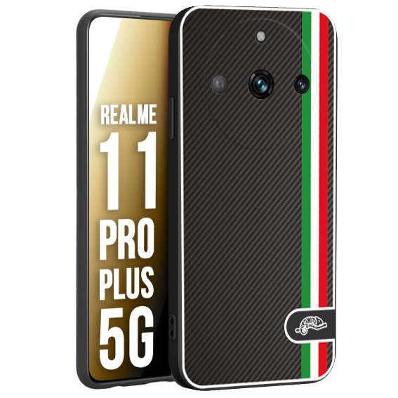 CUSTOMIZZA - Custodia cover nera morbida in tpu compatibile per Oppo Realme 11 PRO PLUS 5G effetto fibra di carbonio bandiera Italia made in Italy