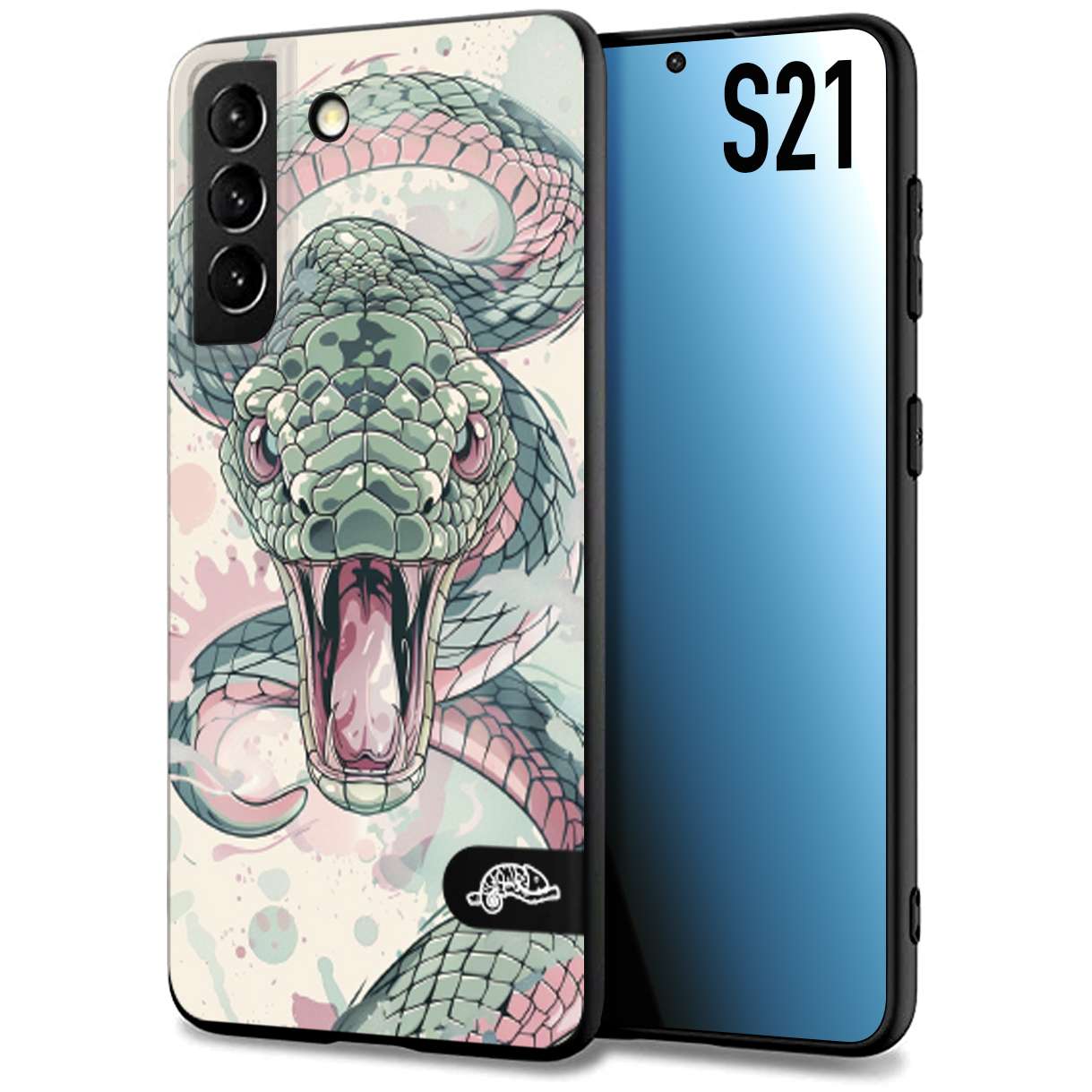 CUSTOMIZZA - Custodia cover nera morbida in tpu compatibile per Samsung S21 snake pink green serpente tatuaggio tattoo disegnato a mano