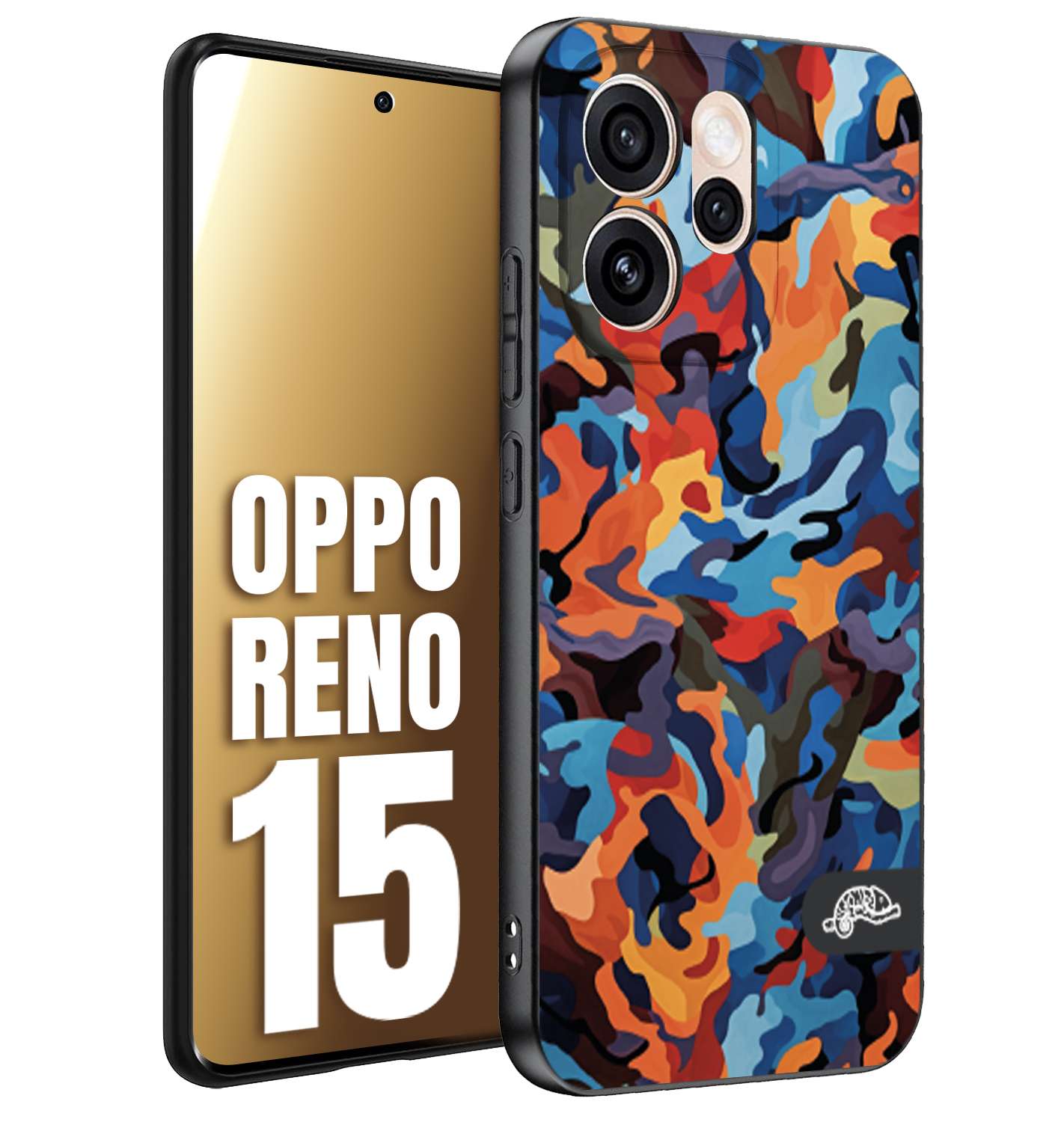 CUSTOMIZZA - Custodia cover nera morbida in tpu compatibile per Oppo Reno 15 camouflage mimetico militare moderno blu arancio rosso