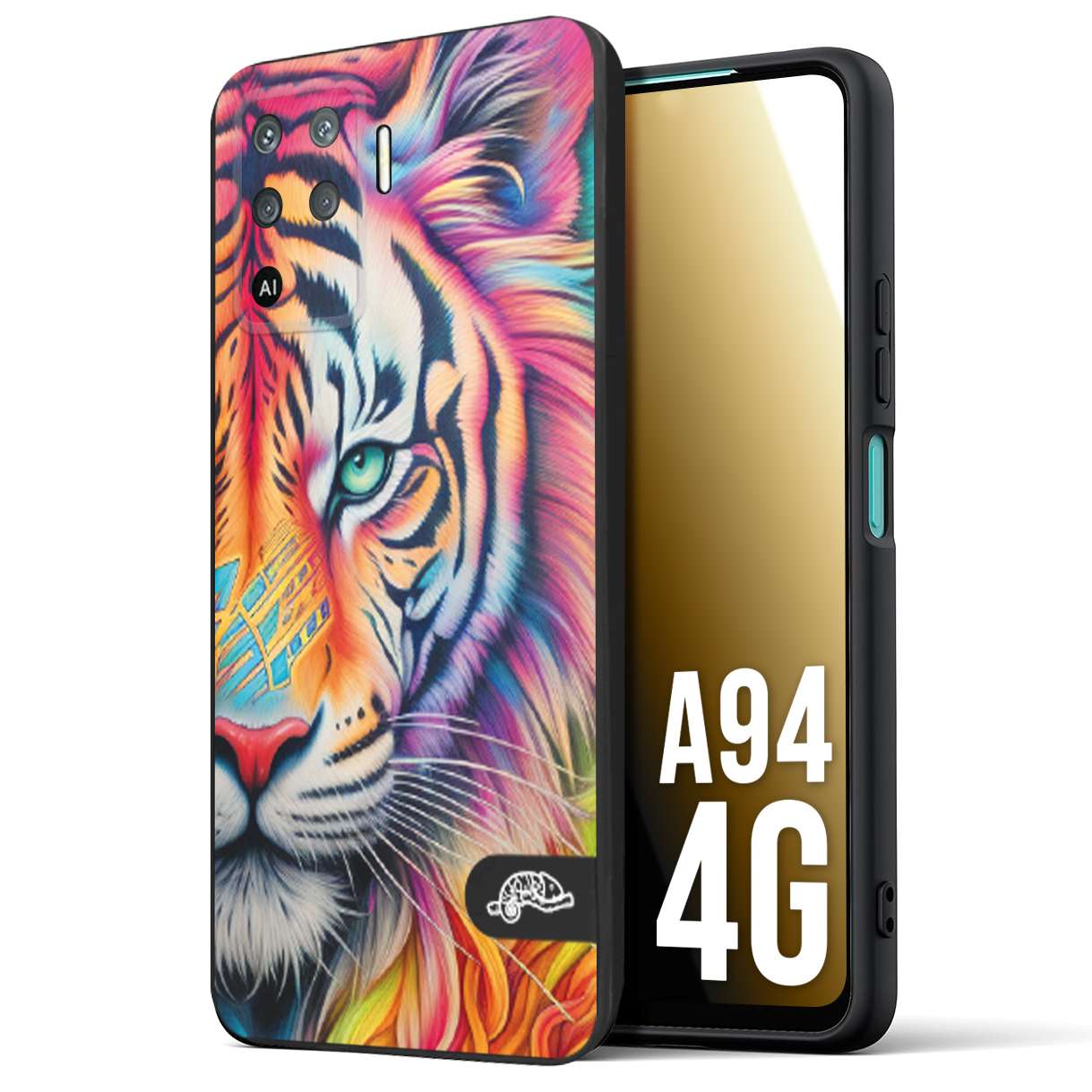 CUSTOMIZZA - Custodia cover nera morbida in tpu compatibile per Oppo A94 4G animali color tigre tiger viso colori vibranti disegnato schizzo