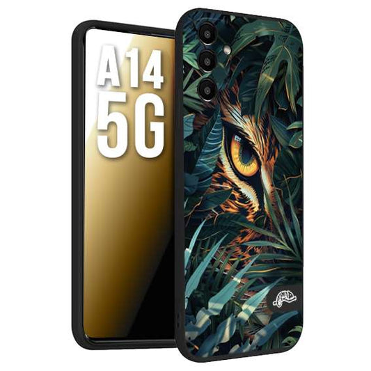 CUSTOMIZZA - Custodia cover nera morbida in tpu compatibile per Samsung A14 5G animali color giungla tropicale occhio di giaguaro felino disegnato