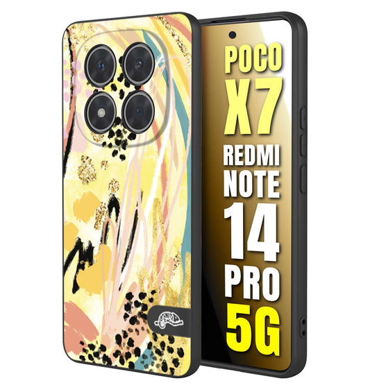 CUSTOMIZZA - Custodia cover nera morbida in tpu compatibile per Xiaomi Redmi Note 14 PRO 5G astratti donna flower fantasia estate gialla rosa leopardata