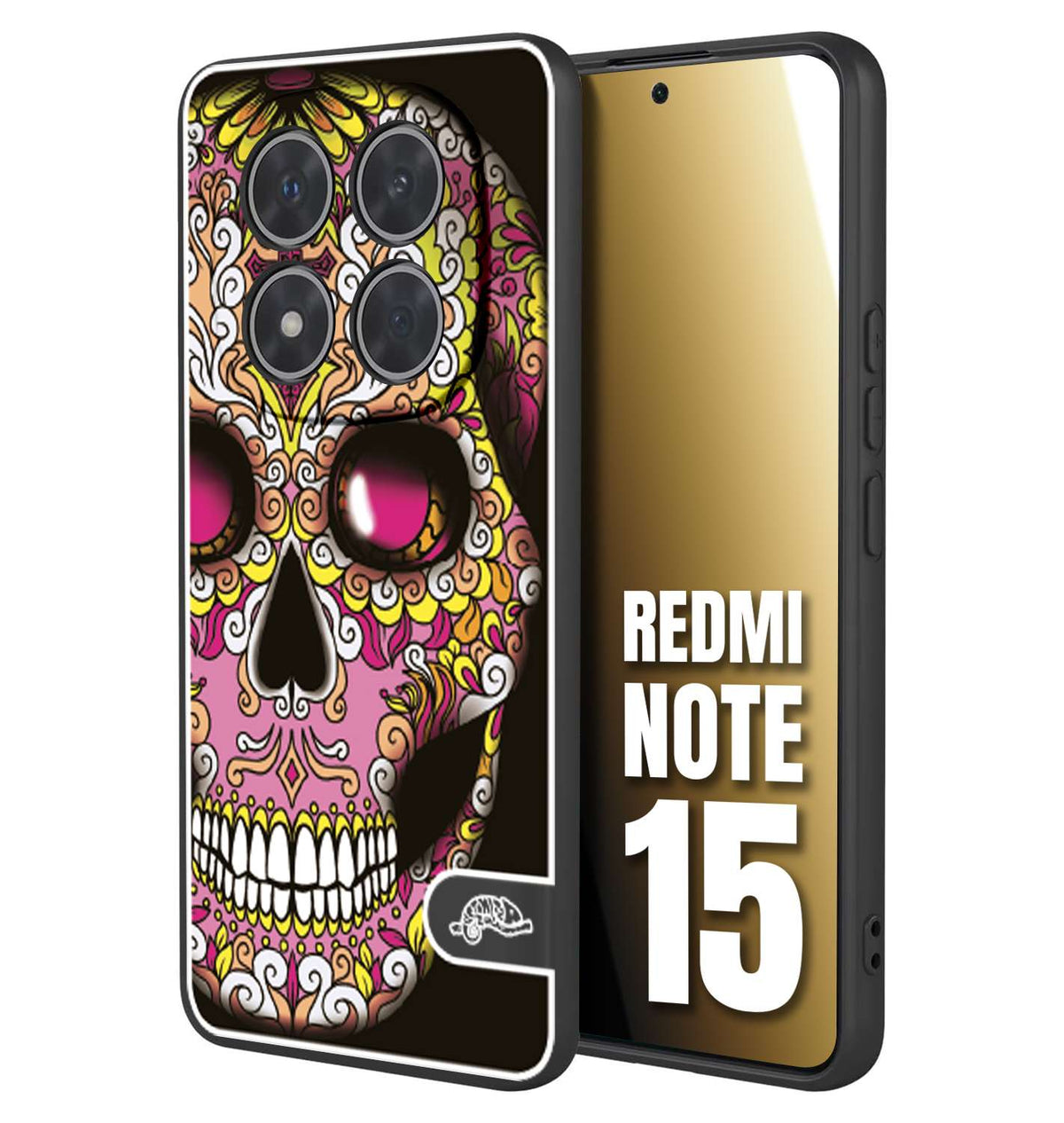 CUSTOMIZZA - Custodia cover nera morbida in tpu compatibile per Xiaomi Redmi Note 15 teschio messicano Mexican skull rosa gialla