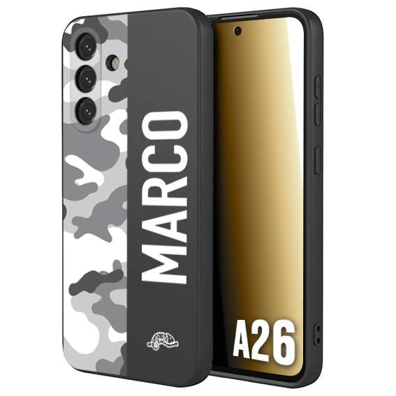 CUSTOMIZZA - Custodia cover nera morbida in tpu compatibile per Samsung A26 camouflage mimetico militare personalizzata nome bianco