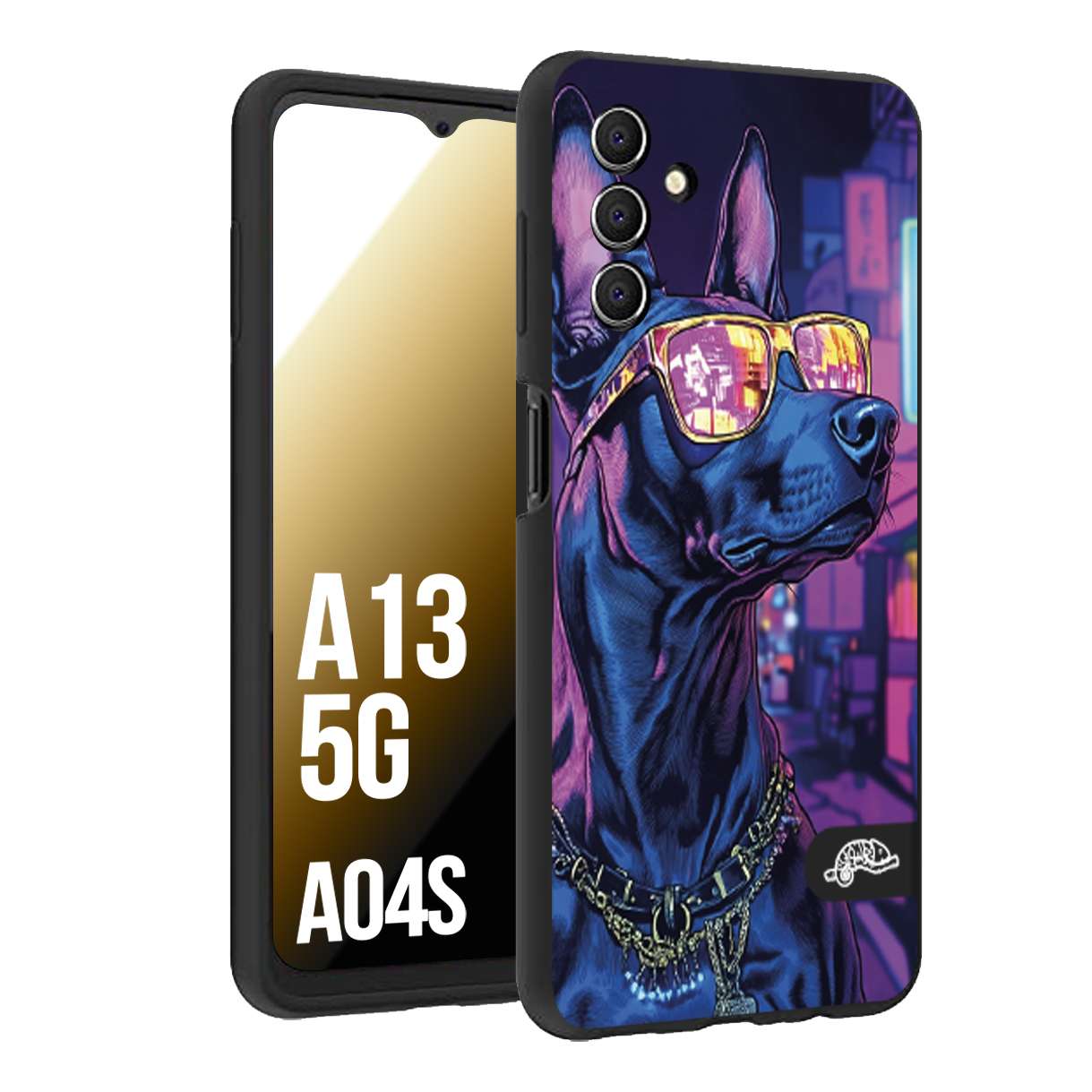 CUSTOMIZZA - Custodia cover nera morbida in tpu compatibile per Samsung A04S - A13 5G animali cyberpunk dobermann cane street dog fucsia blu night