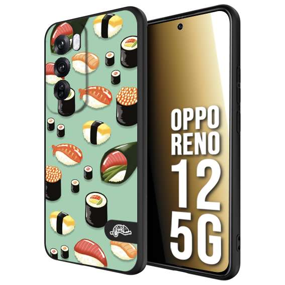 CUSTOMIZZA - Custodia cover nera morbida in tpu compatibile per Oppo Reno 12 5G sushi disegni giapponese nighiri acquamarina verde
