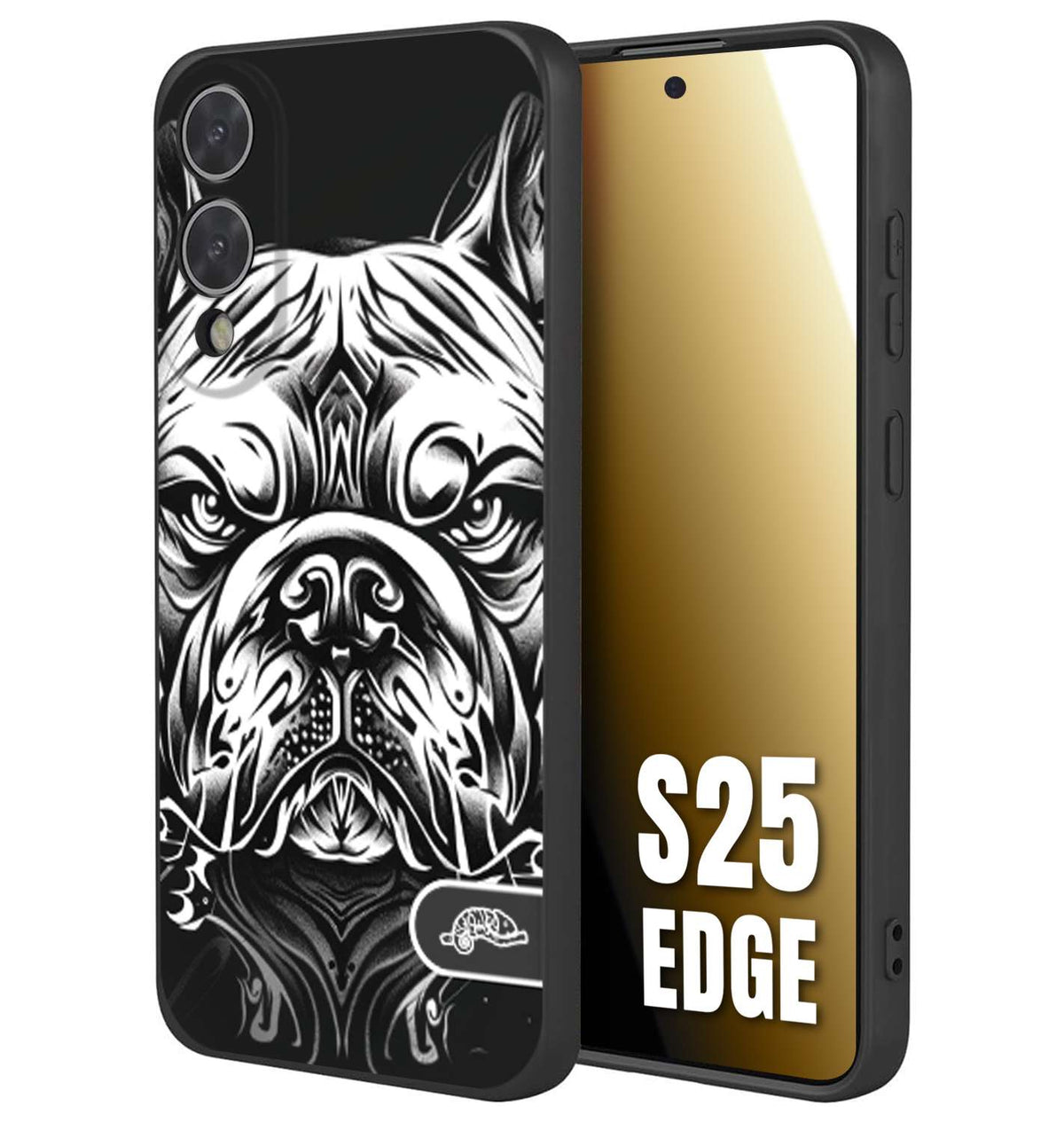 CUSTOMIZZA - Custodia cover nera morbida in tpu compatibile per Samsung S25 EDGE bulldog bianco a rilievo disegnato tattoo tatuaggio