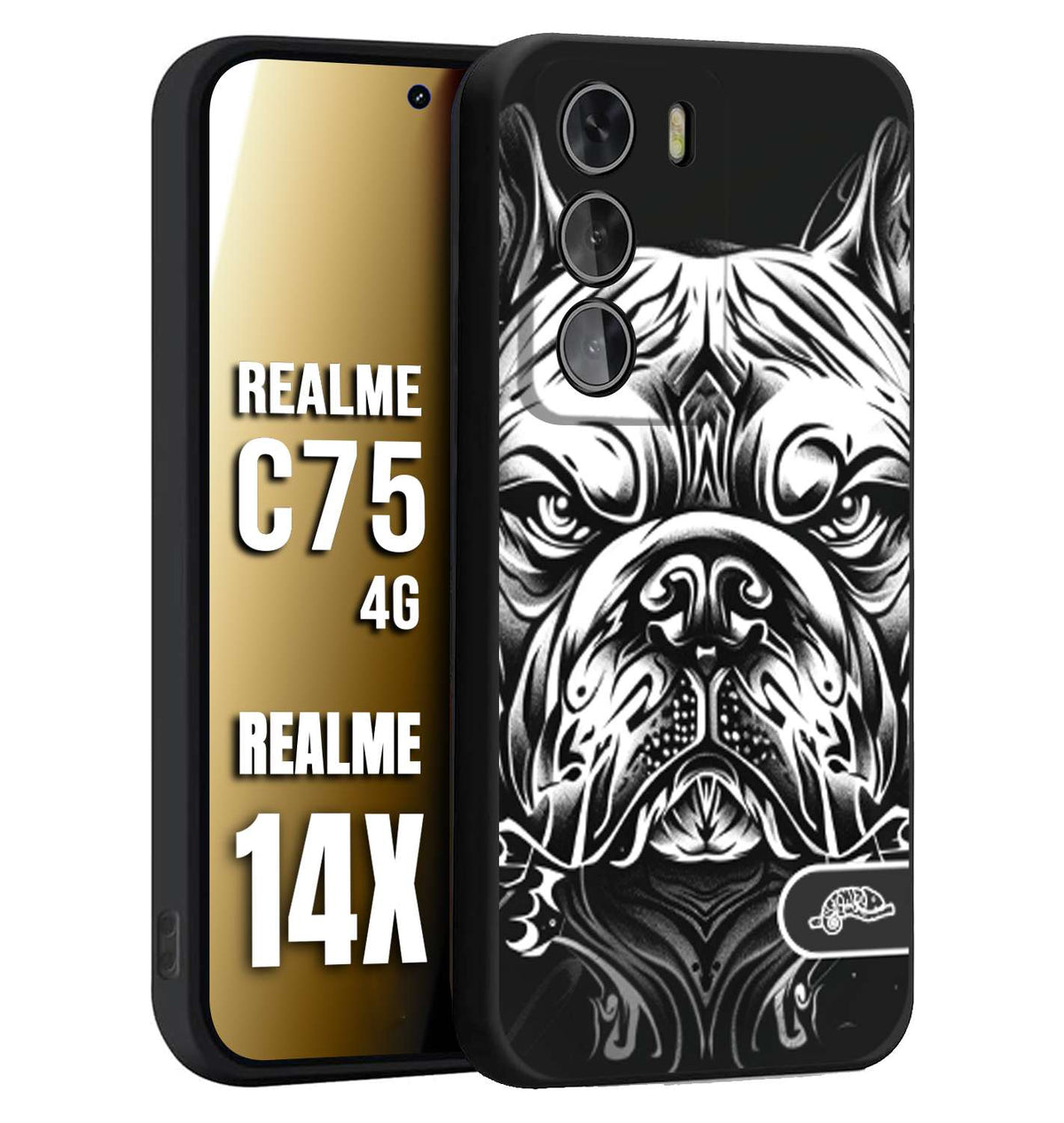 CUSTOMIZZA - Custodia cover nera morbida in tpu compatibile per Realme 14X - C75 4G bulldog bianco a rilievo disegnato tattoo tatuaggio