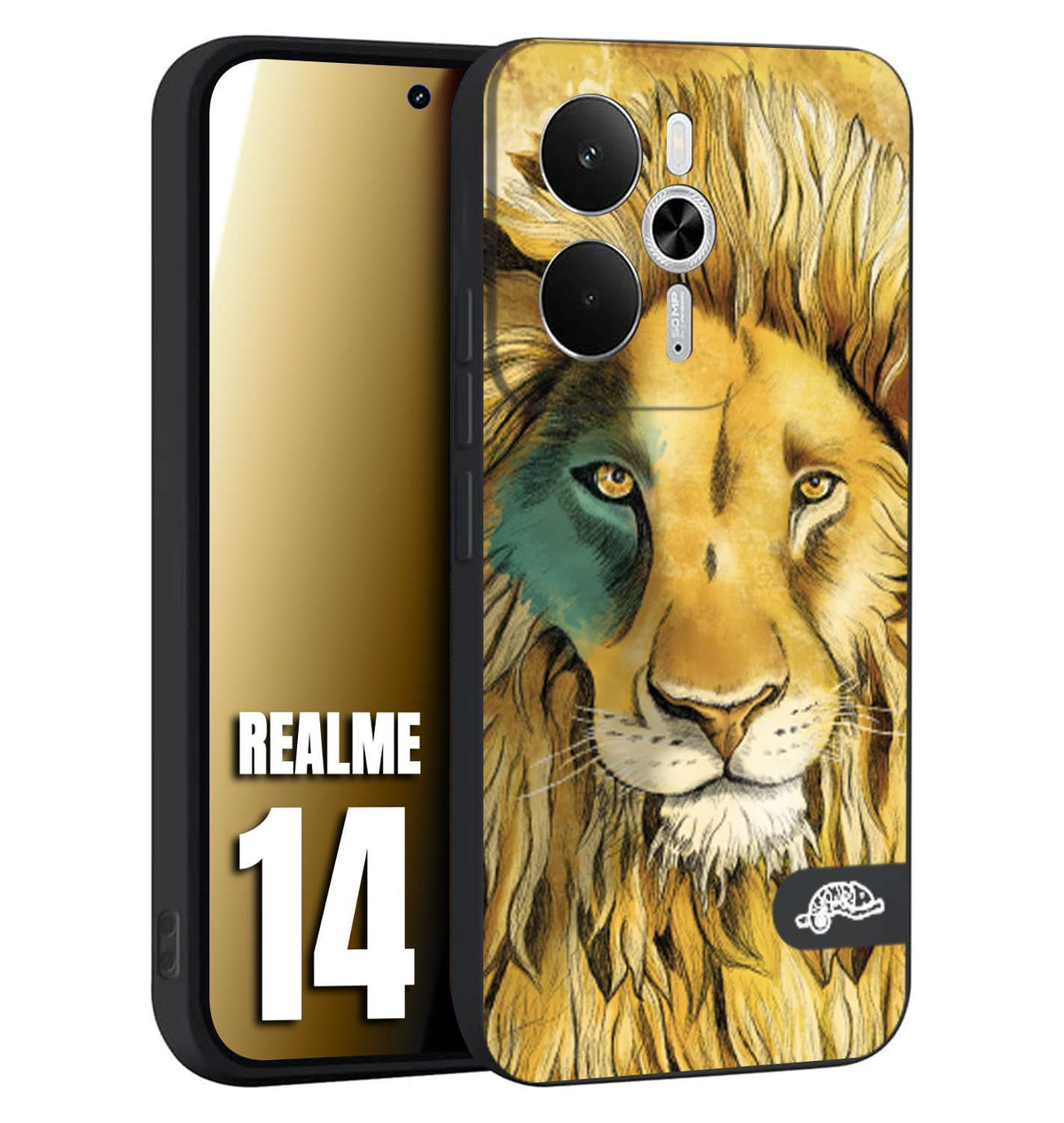 CUSTOMIZZA - Custodia cover nera morbida in tpu compatibile per Realme 14 5G leone lion disegnato a mano giallo blu a rilievo artistico brown