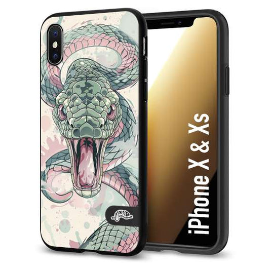 CUSTOMIZZA - Custodia cover nera morbida in tpu compatibile per iPhone X - Xs snake pink green serpente tatuaggio tattoo disegnato a mano