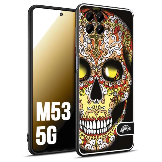 CUSTOMIZZA - Custodia cover nera morbida in tpu compatibile per Samsung M53 5G teschio messicano Mexican skull giallo rosso arancio