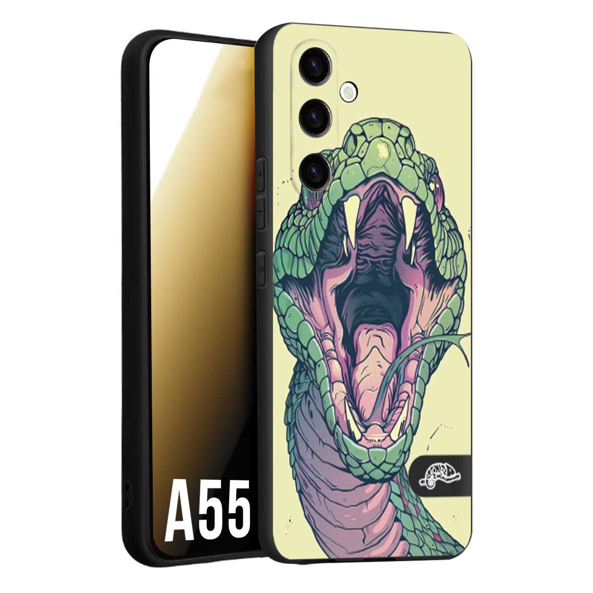 CUSTOMIZZA - Custodia cover nera morbida in tpu compatibile per Samsung A55 5G snake yellow green serpente tatuaggio tattoo disegnato a mano