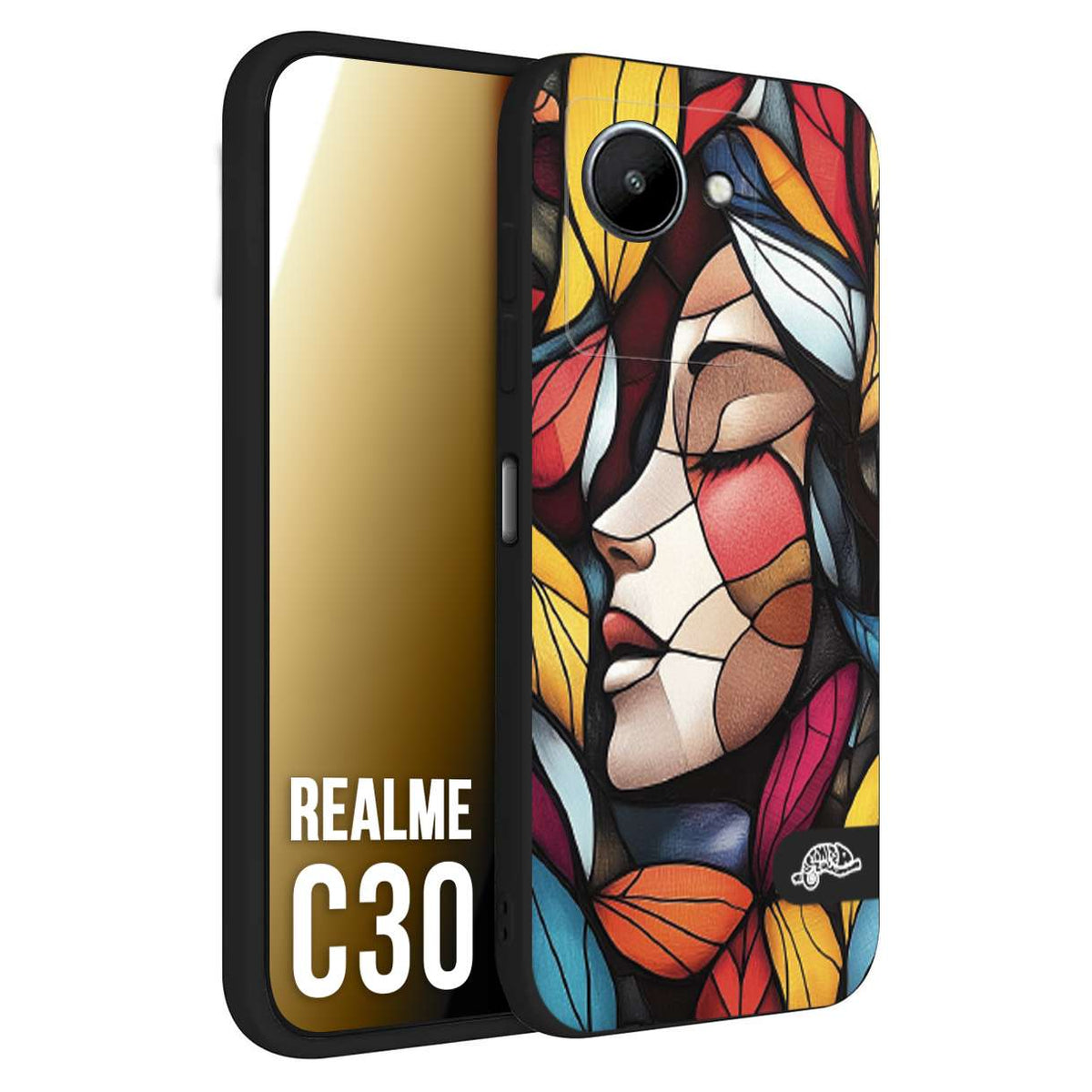 CUSTOMIZZA - Custodia cover nera morbida in tpu compatibile per Realme C30 Vetrata artistica volto di donna profilo fogliare mosaico di vetro colorato