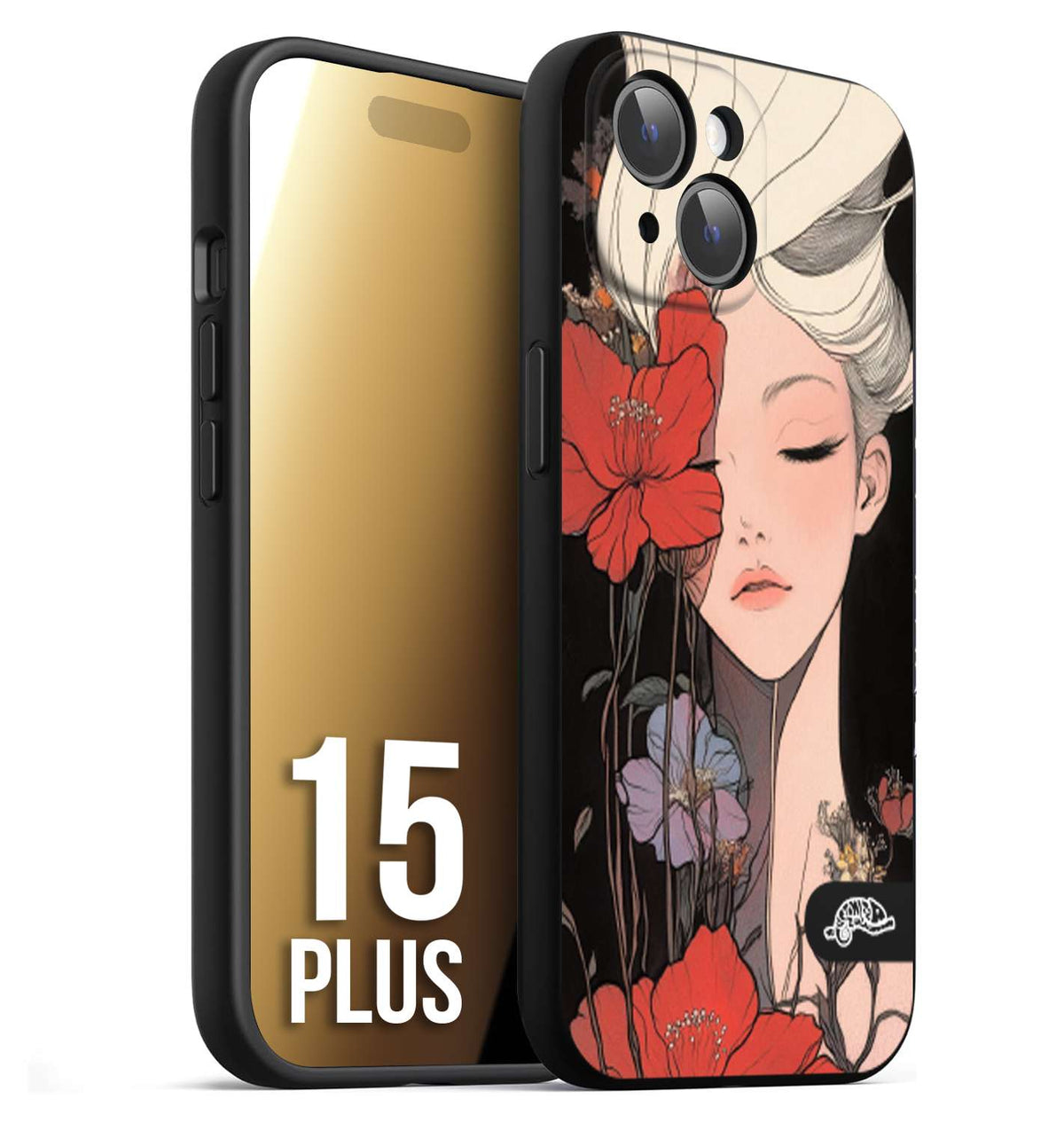 CUSTOMIZZA - Custodia cover nera morbida in tpu compatibile per iPhone 15 PLUS woman flower Fantasia Floreale Design Donna e Fiori, Retro Artistico
