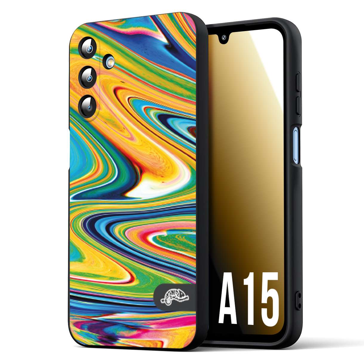 CUSTOMIZZA - Custodia cover nera morbida in tpu compatibile per Samsung A15 5G colorata fantasia vortice marmo arcobaleno gialla verde blu