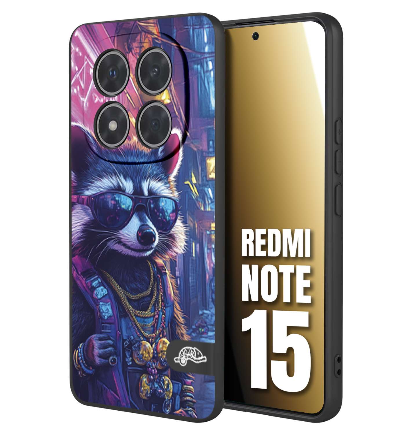 CUSTOMIZZA - Custodia cover nera morbida in tpu compatibile per Xiaomi Redmi Note 15 animali simpatici cyberpunk procione racoon street cat fucsia blu giallo