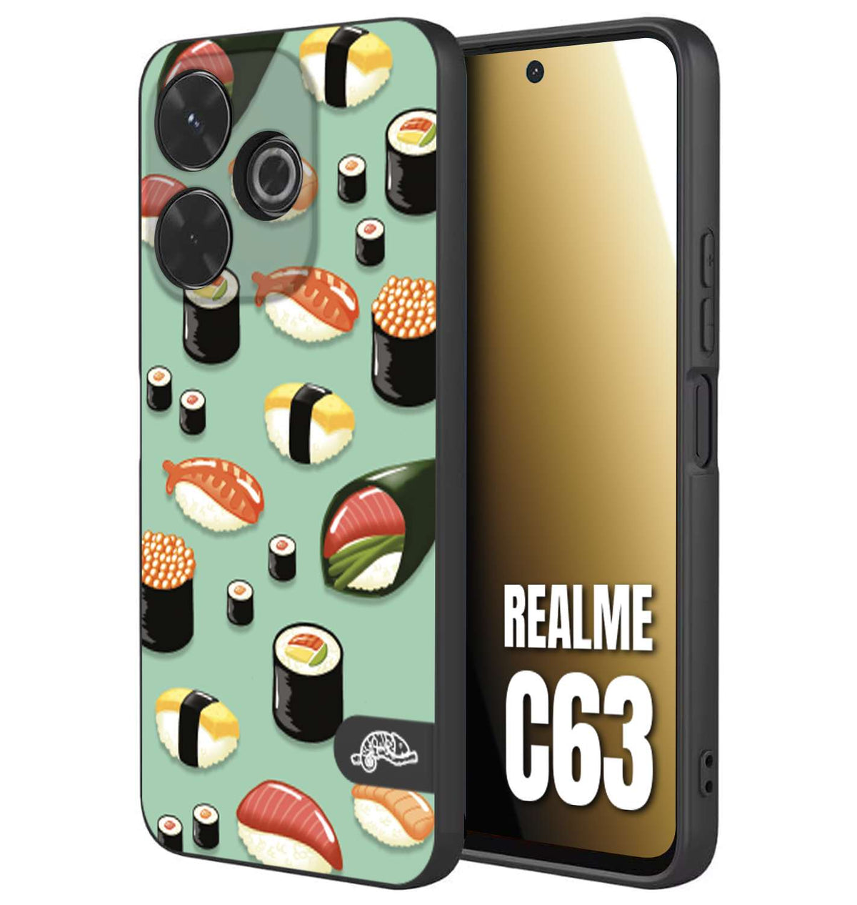 CUSTOMIZZA - Custodia cover nera morbida in tpu compatibile per Realme C63 sushi disegni giapponese nighiri acquamarina verde