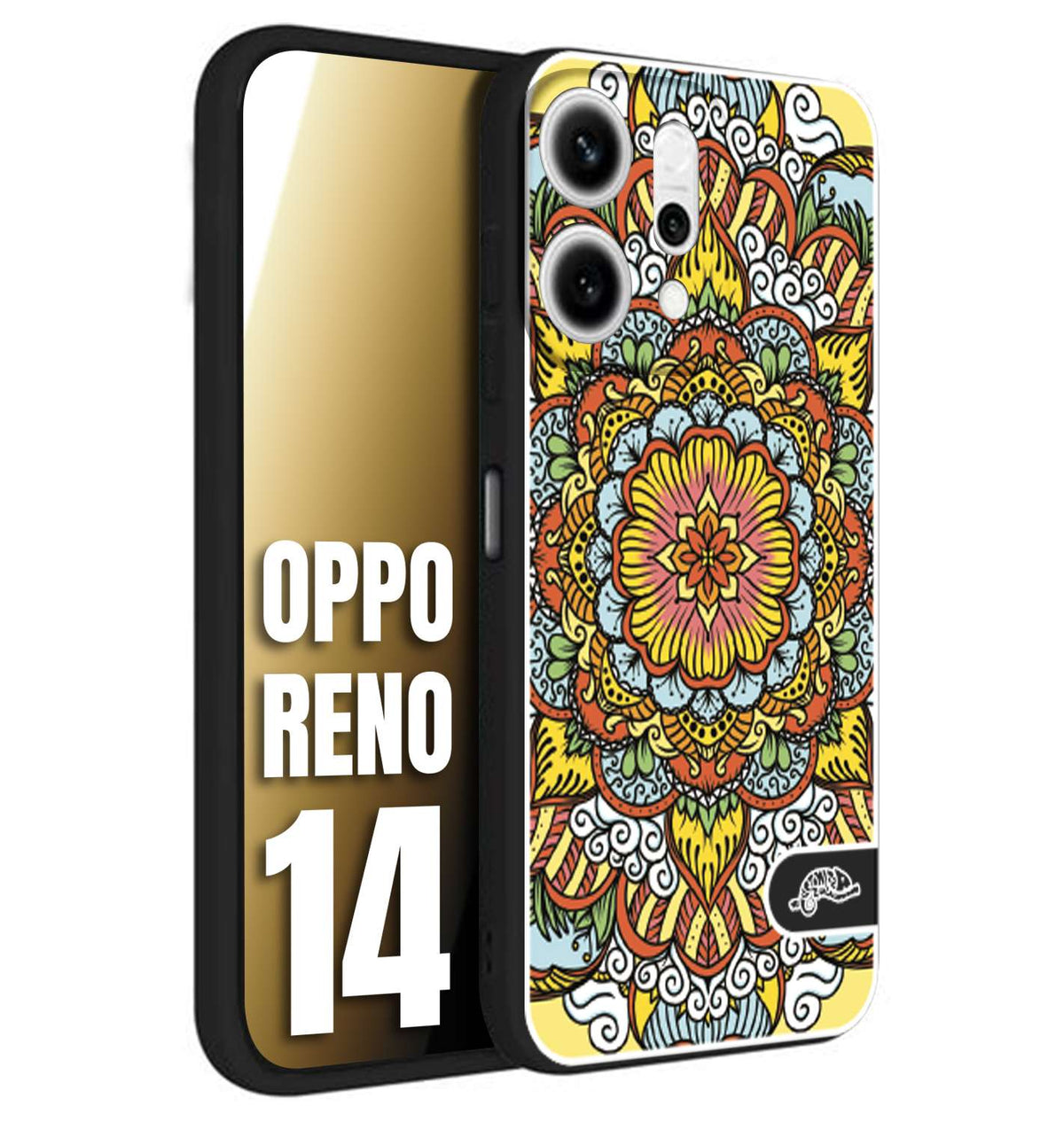 CUSTOMIZZA - Custodia cover nera morbida in tpu compatibile per Oppo Reno 14 mandala colorato fiore nuvole arancione